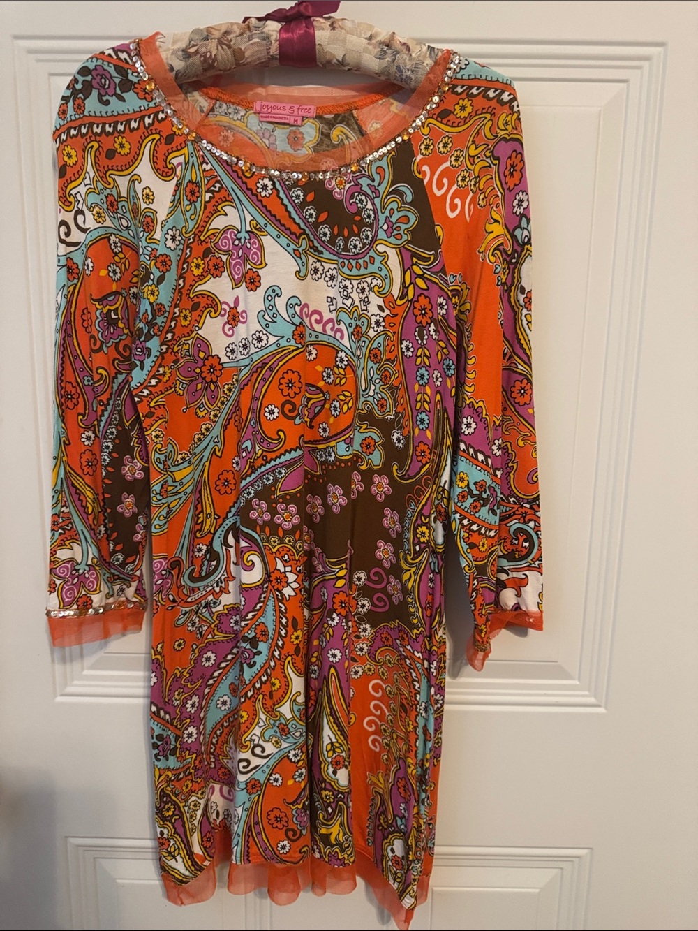 Orange Paisley Long-Sleeve Shift Dress
